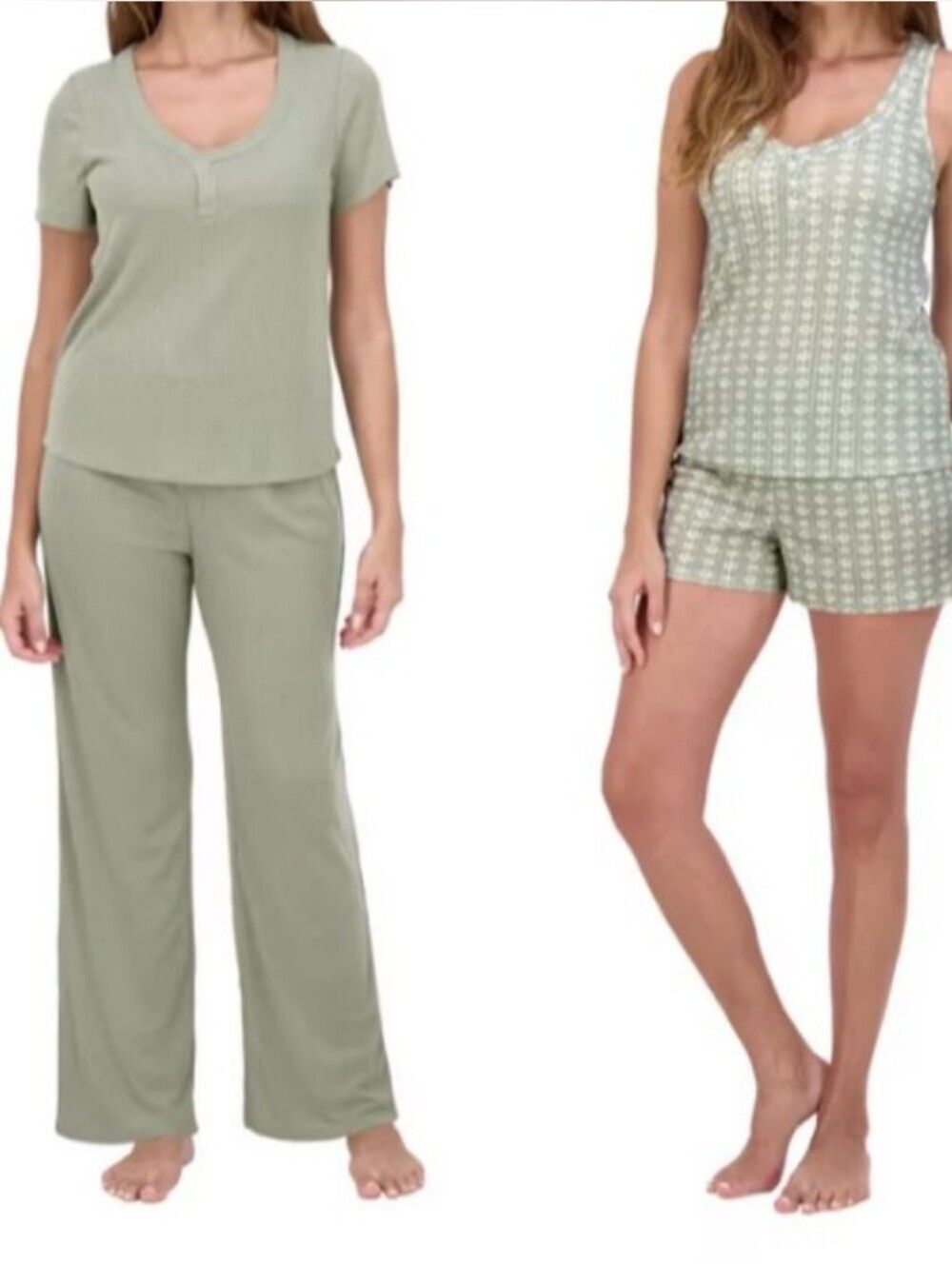 New Green Ribbed Pointelle 4-Piece Lounge Pajama Set Size Large